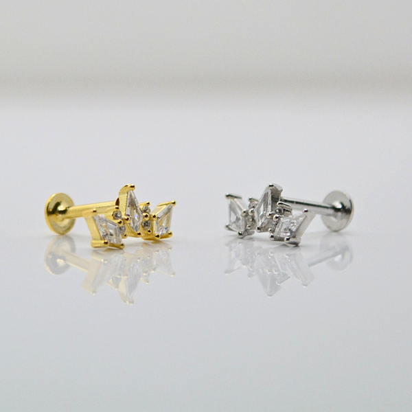 SK STUDIO MONARCH STUD available in silver and gold. ear piercing locations for this unique stud is versatile. you can wear this ear stud in lobe, helix, conch and flat