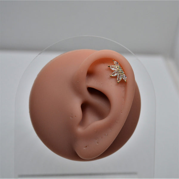 SK Studio Pakistan - S925 Crystal Flakes Stud with Lotus Design - Sterling Silver Single Stud with Ball End Closure for Lobes, Flat, Conch, and Helix Piercing