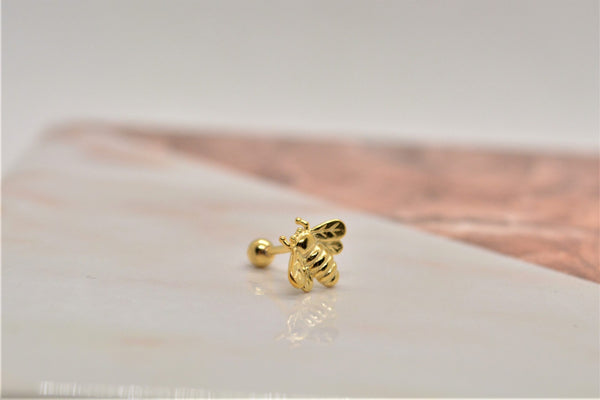 SK Studio Pakistan - S925 Bee Stud - Sterling Silver Single Stud with Internal Threading for Lobes, Tragus, Flat, and Helix Piercing