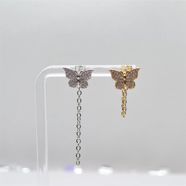 SK Studio Pakistan - S925 Butterfly Chain Drop Stud - Sterling Silver Single Stud with Adjustable Butterfly Clip for Lobes