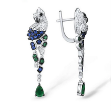 SK Studio Pakistan - S925 Parrot CZ Drop Earrings - Sterling Silver earrings featuring AAA-Grade Cubic Zirconia in blue, green, and black. Hinged hoop closure for secure wear, perfect for lobes