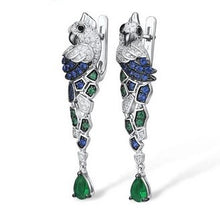 SK Studio Pakistan - S925 Parrot CZ Drop Earrings - Sterling Silver earrings featuring AAA-Grade Cubic Zirconia in blue, green, and black. Hinged hoop closure for secure wear, perfect for lobes